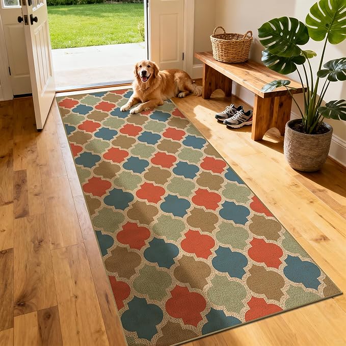 Washable 2x6 Moroccan Trellis Easy Jute Runner Rug, Colorful Neutral Boho Outdoor Indoor Patio Area Rugs, Woven Lightweight Non Slip Long Runner Carpet Door Mat for Hallway Kitchen 6ft Entryway