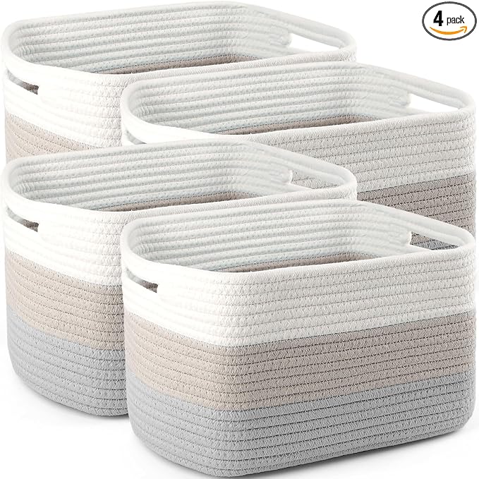 4 Pack Large Storage Baskets for Organizing, 16''Lx12''Wx8''H Woven Baskets for Storage Toys, Towels, Books, and Clothes, Cotton Rope Basket for Shelves with Handle