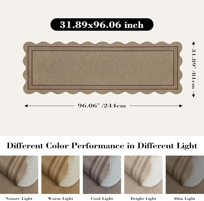Scalloped Easy Jute 2.6x8 Kitchen Runner Rug, Washable Rugs for Entryway Non Slip Outdoor Indoor Long Rug, Farmhouse Morden Carpet for Hallway Bedroom