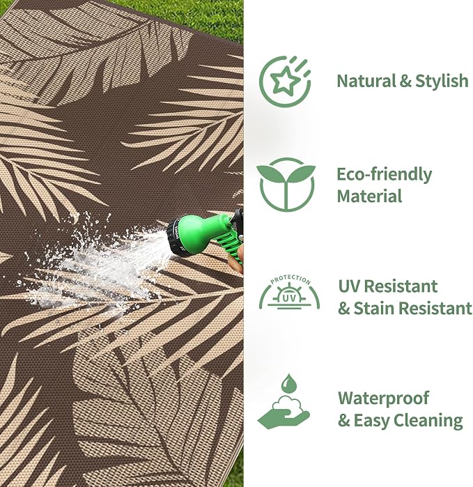 GENIMO Outdoor Rug, Waterproof Plastic Rugs for Patio, 9'x12' Coffee Beige | Outside Larger Leaf Carpet Mat for Porch Decor, Deck, Balcony, Camping, RV, Backyard, Picnic, Beach, Reversible, Foldable