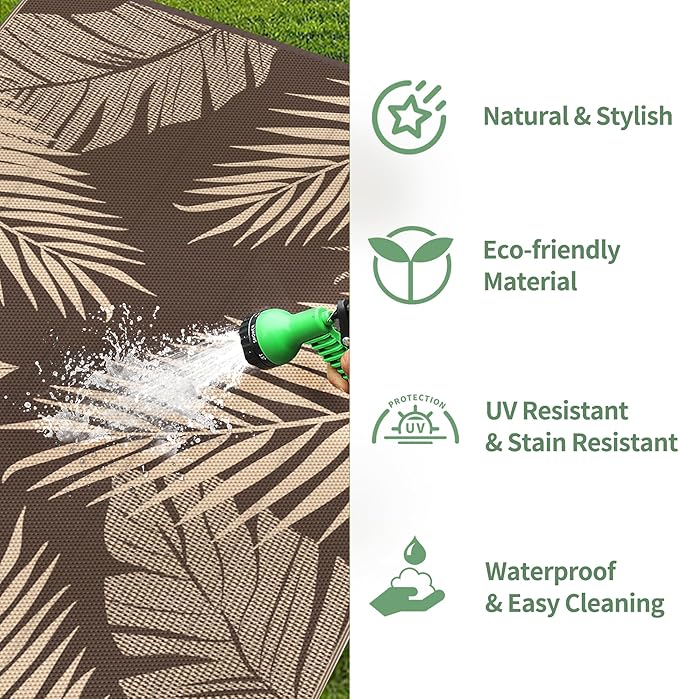 GENIMO Outdoor Rug, Waterproof Plastic Rugs for Patio, 5'x8' Coffee Beige | Outside Larger Leaf Carpet Mat for Porch Decor, Deck, Balcony, Camping, RV, Backyard, Picnic, Beach, Reversible, Foldable
