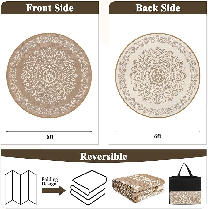 Pauwer Outdoor Rug 6ft, Waterproof Plastic Straw Camping Rug, Floral Brown | Reversible Patio Rug, UV Resistant Indoor Outdoor RV Mat Carpet For Deck, Camper, Porch, Balcony, Backyard, Picnic, Foldable
