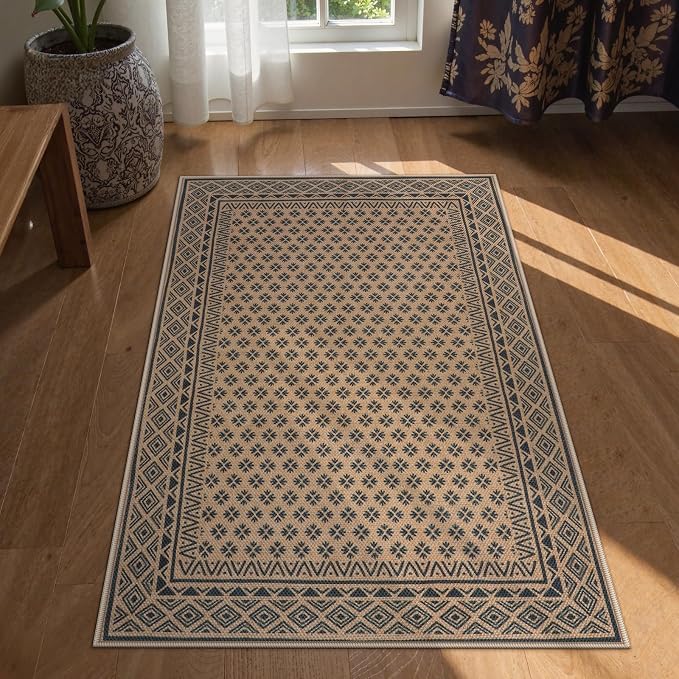 LIVEBOX Easy Jute Indoor Outdoor Rug 3x5 Front Porch, Black Washable Rugs for Entryway, Non Slip Tan Farmhouse Area Rug for Living Room, Carpet Door Mat for Entry Front Door, Patio, Kitchen, Bedroom