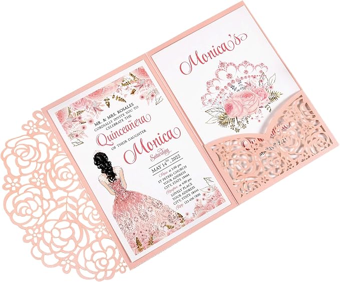 50PCS Personalized Pink Quinceanera Invitations with Envelopes | 4.7x7 inch, Laser Cut Hollow Rose Pocket, Invitation Cards for Miss XV, Sweet 16, 18th Birthday, Quince Invite