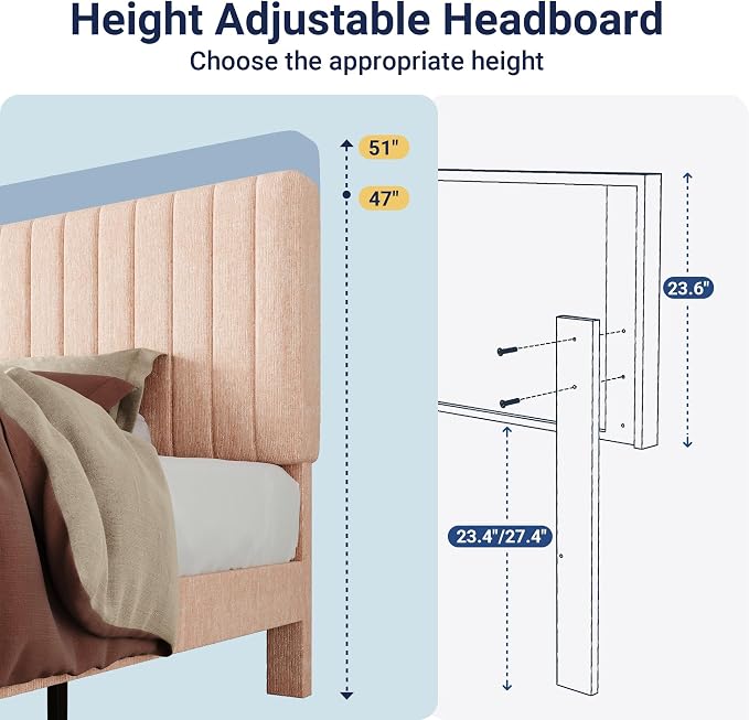 Allewie Twin Bed Frame, Upholstered Platform Bed with Adjustable Vertical Channel Tufted Headboard, Mattress Foundation with Strong Wooden Slats, Box Spring Optional, Easy Assembly, Chenille Pink