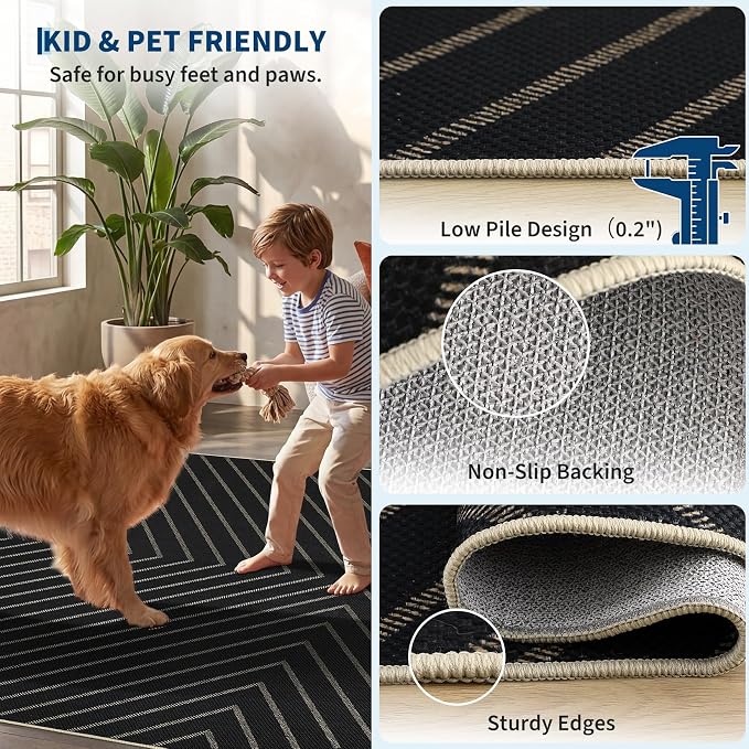 Garvee Easy Jute Rug 2x6 Runner Rug, Hallway Runner Stain Resistant Low Pile Thin Non Shedding Pet Friendly Carpet for Entrance Kithchen Bathroom Porch Striped Minimalism Area Rug 2'x6' Black