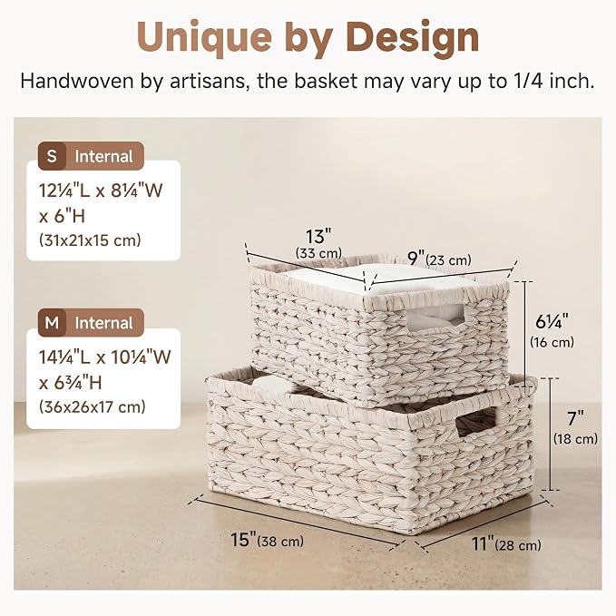 StorageWorks Large Wicker Baskets for Storage,White Wicker Baskets,2-Pack | Water Hyacinth Storage Baskets for Organizing,Wicker Storage Baskets for Shelves,Pantry Organizers and Storage,Woven Baskets
