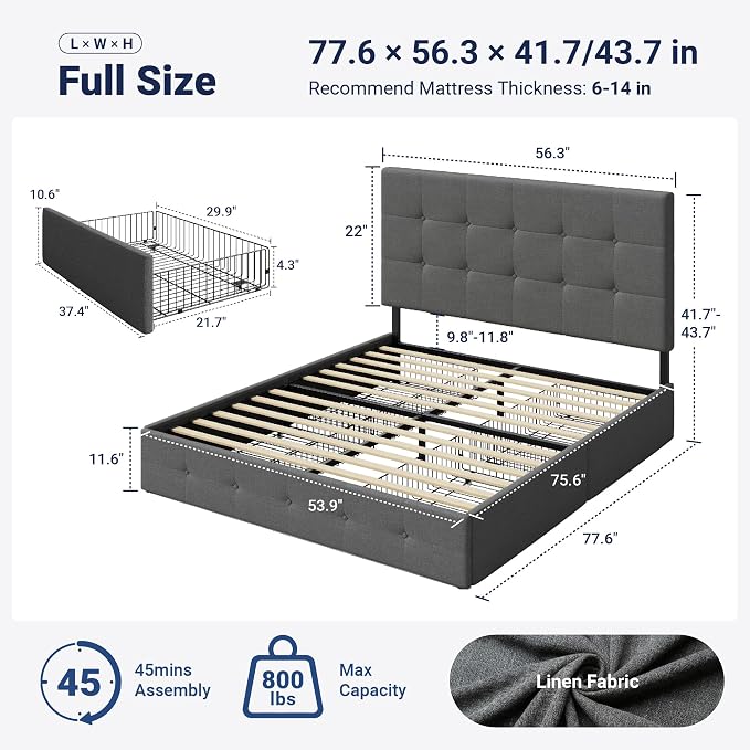 Allewie Upholstered Full Size Platform Bed Frame with 4 Storage Drawers and Headboard, Square Stitched Button Tufted, Mattress Foundation with Wooden Slats Support, No Box Spring Needed, Light Grey