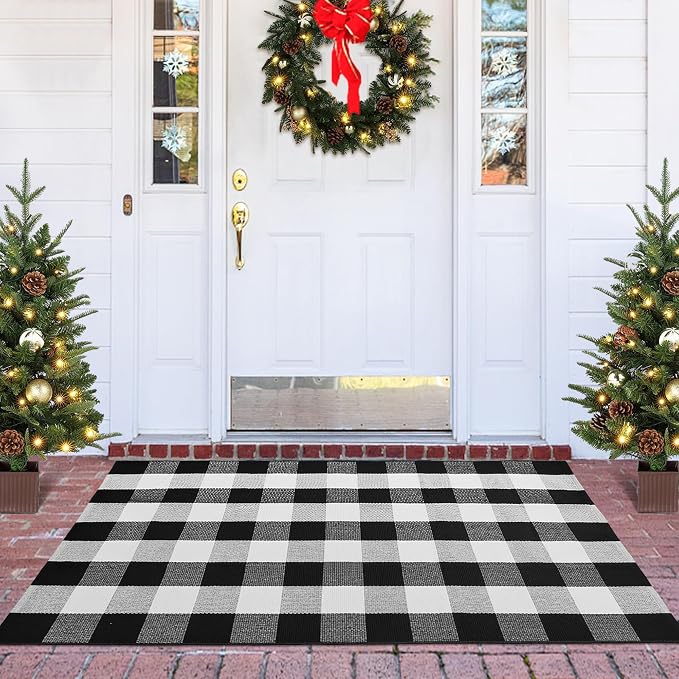 Buffalo Plaid Rug 3x5 Cotton Woven Buffalo Check Rug Black and White Checkered Outdoor Rug Washable Indoor Outdoor Area Rug Layered Front Door Mats Carpet for Farmhouse Entryway Living Room Bedroom