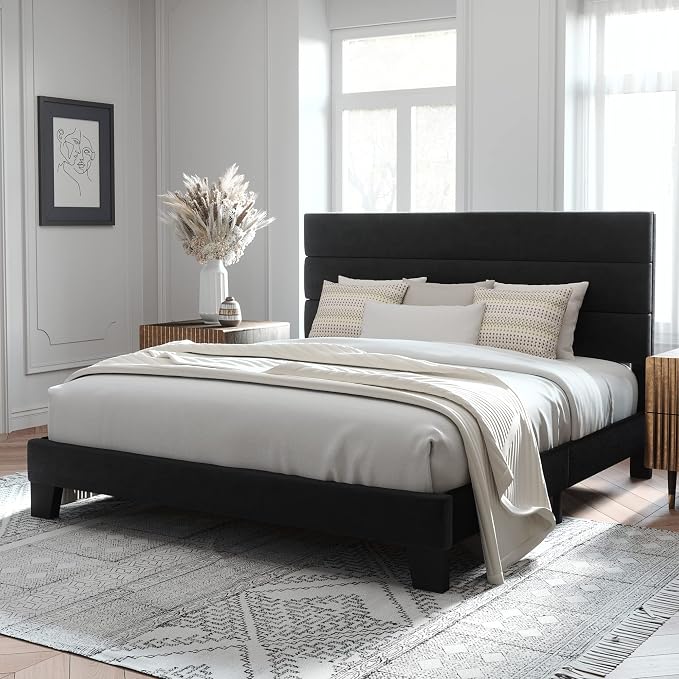 Allewie King Size Platform Bed Frame with Velvet Upholstered Headboard | Wooden Slats Support, Fully Upholstered Mattress Foundation, No Box Spring Needed, Easy Assembly, Noise-Free, Black