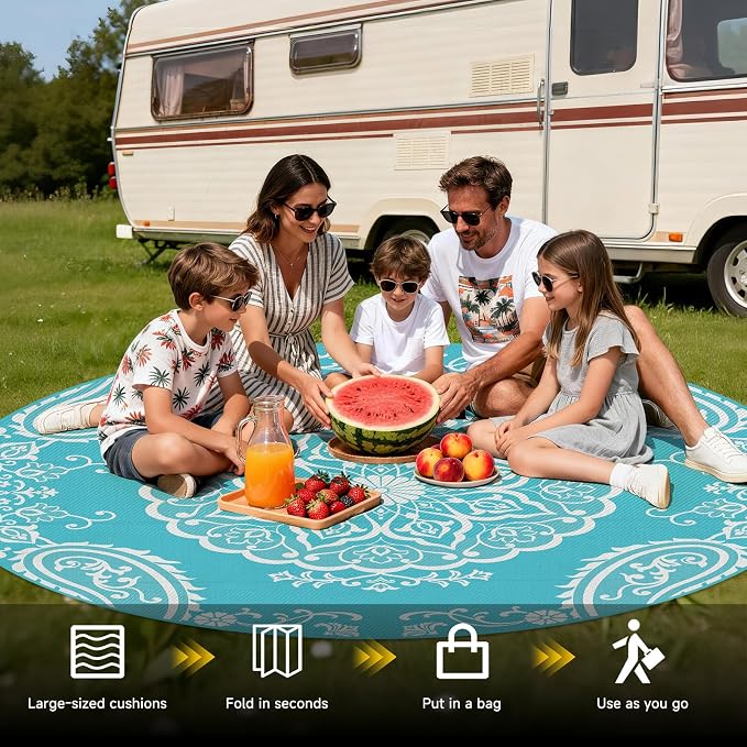 Pauwer Outdoor Rug 8ft, Waterproof Plastic Straw Camping Rug, Boho Teal | Reversible Patio Rug, UV Resistant Indoor Outdoor RV Mat Carpet For Deck, Camper, Porch, Balcony, Backyard, Picnic, Foldable