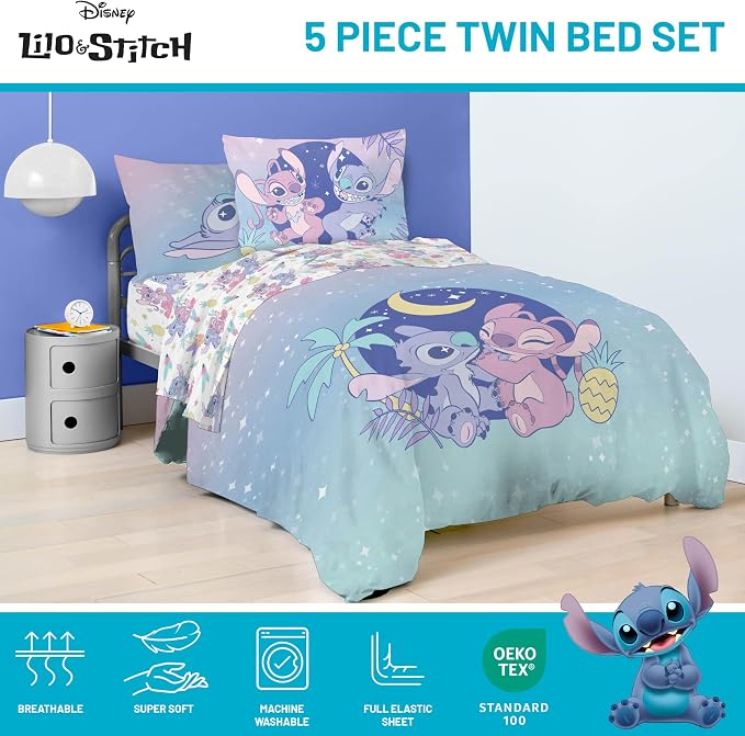 Disney Lilo & Stitch Twin Comforter Set, 5 Pc Bed in a Bag, Reversible | Stitch & Angel, Super Soft Microfiber, Machine Washable, All Season Kids Girls Bedding (Officially Licensed)