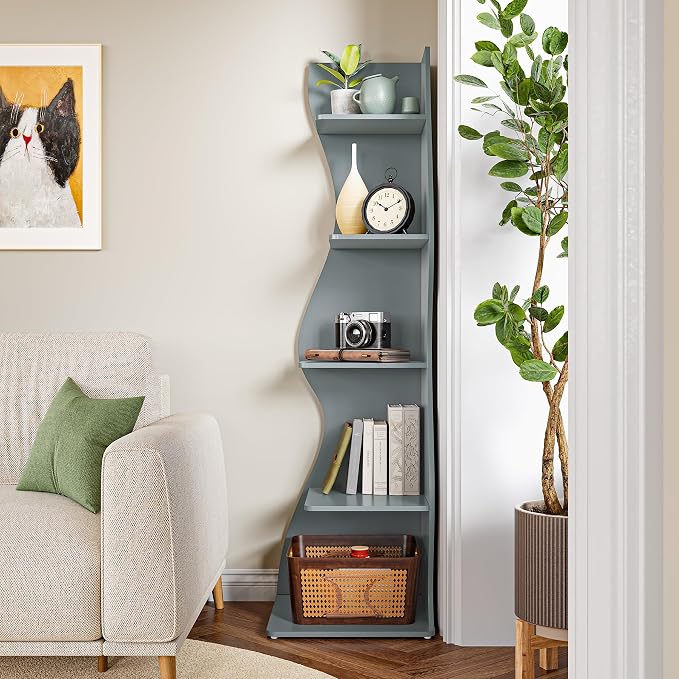 LITTLE TREE Small Corner Shelf, Modern 5-Tier Wall Corner Bookshelf, Stylish Bookcase Storage Rack for Small Space, Living Room, Bedroom, Blue, 2 Pack