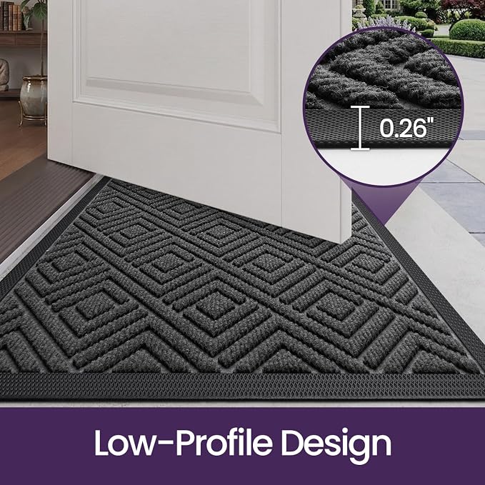 DEXI Front Door Mat Outside Entrance, 32x48 Heavy Duty Entry Doormat Dirt Trapper with Rubber Back, Non Slip Low Profile Floor Mats for Entryway Exterior Patio, Checkered Grey