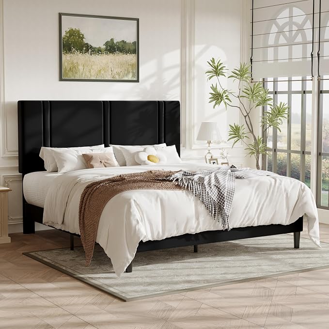 Allewie California King Size Platform Bed Frame with Adjustable Headboard | Plush Velvet Upholstered, Vertical Channel Tufted, Sturdy Wood Slats, No Box Spring Needed, Easy Assembly, White