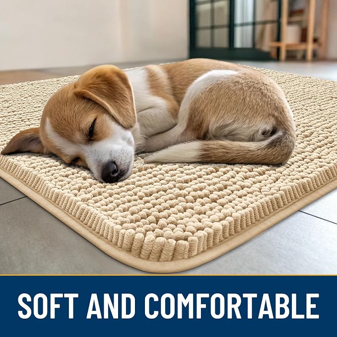 Smiry Dog Door Mat for Muddy Paws 47x20, Absorbent Dirt Trapper, Non-Slip Washable Chenille Entryway Rug for Inside Floor, Beige, Classic Solid