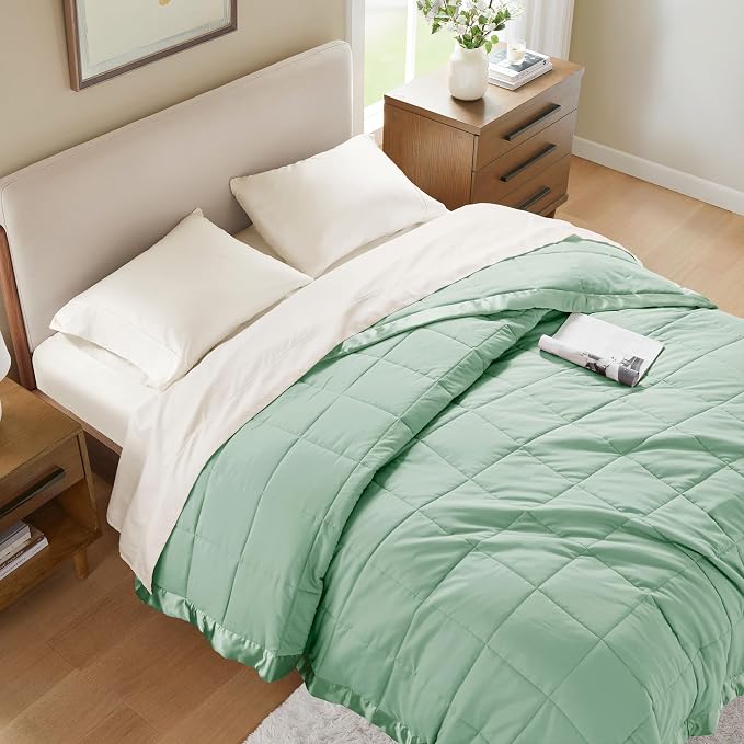 Madison Park Down Alternative Twin Blanket for Bed, Satin Trim, Seafoam | Lightweight Windom Blanket Premium 3M Scotchgard Moisture Wicking Treatment, OEKO TEX, Soft Bed Cover, All Season