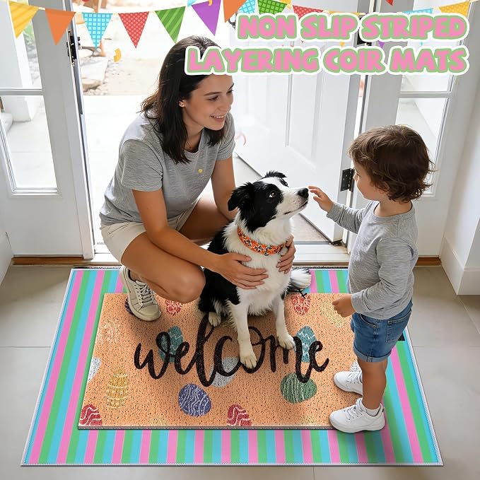 2 Pcs Easter Doormat Outdoor Entrance Colorful Eggs Welcome Door Mat Non Slip Coir Mats Floor Striped Doormat Layering Mat Seasonal for Easter Indoor Front Porch Entryway Decor 23.6 x 31.5 Inch
