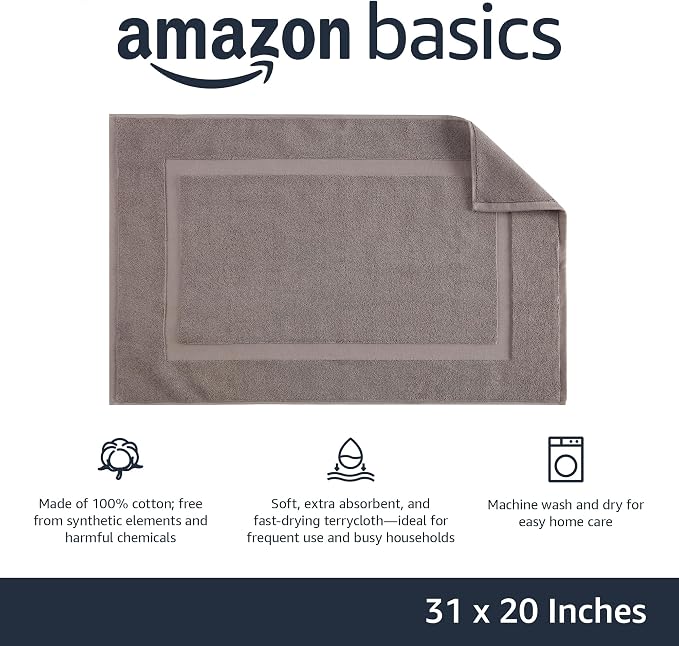 Amazon Basics Banded Bathroom Bath Rug Mat, Machine Washable, 100% Cotton, 31" x 20", Light Gray (Pack of 2)