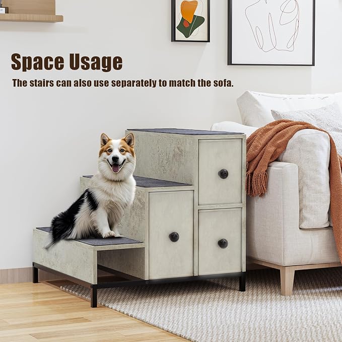 LEMBERI Pet Bunk Bed with Stairs and Storage, Dogs/Cats Window Perch, Bedside Lounge Elevated Dog Bed Multi-Level Platform with Foam Upholstery (Gray)