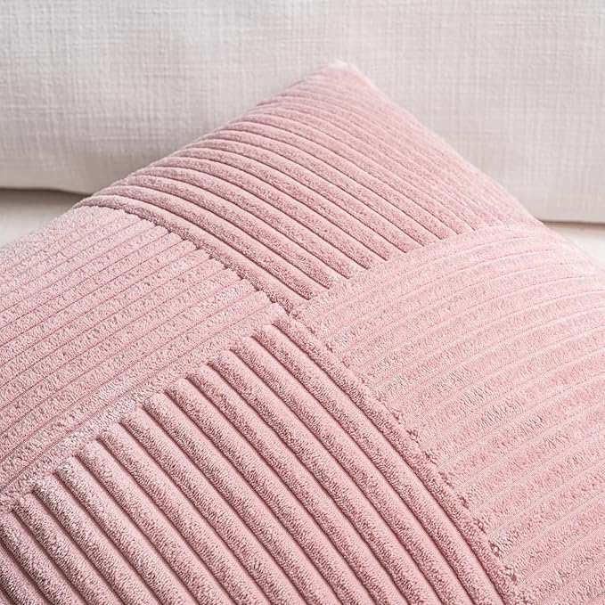 Fancy Homi 2 Packs Blush Pink Decorative Throw Pillow Covers 22x22 Inch for Living Room Couch Bed Sofa, Rustic Farmhouse Boho Home Decor, Soft Corss Corduroy Patchwork Accent Cushion Case 55x55 cm