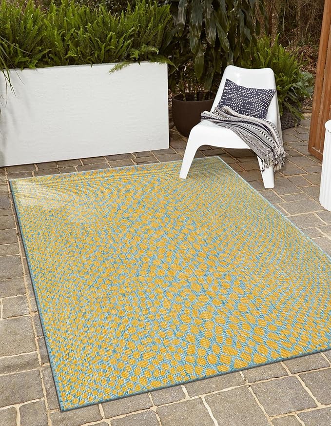 Unique Loom Jill Zarin Jill Zarin Outdoor Collection Area Rug - Cape Town (5' 3" x 8' Rectangle, Yellow and Aqua/Light Blue)