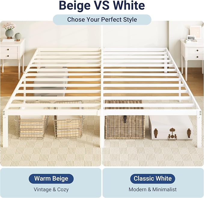 Allewie King Size Bed Frame, 14 inch Metal Beds with Storage Space, Beige | Heavy-Duty Metal Platform Beds, Large Under-Bed Storage Space, No Box Spring Needed, Easy Assembly