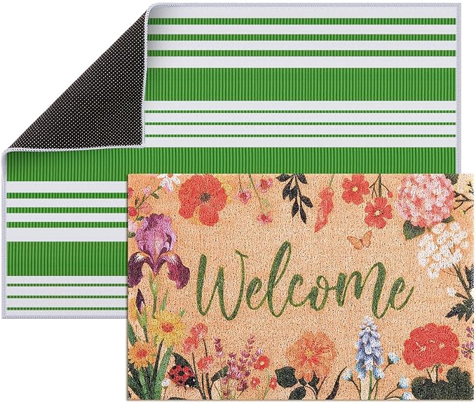 2 Pcs Floral Welcome Doormat Set, Front Door Mat with Non Slip Rubber Backing, Spring Outdoor Entryway Porch Mat Decor Farmhouse Floral Welcome Mat Set for Seasonal Home Indoor Decor