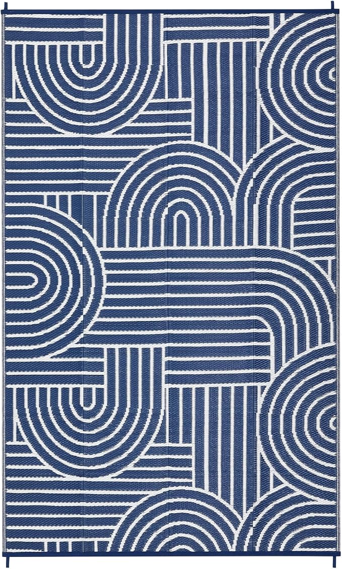 Garvee Reversible Rainbow Outdoor Rug 6x9, Waterproof Outdoor Plastic Straw Rug, RV Mat for Picnics, Patio, Camping, Balcony, Deck, Backyard, Porch, Blue