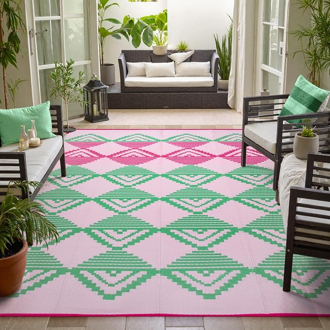 Lahome Waterproof Outdoor Patio Rug 9x12, Reversible Large Outdoor Rug for Patios, Camping Rugs for RV Backyard Deck Picnic Beach Trailer (Pink/Green, 9' x 12')