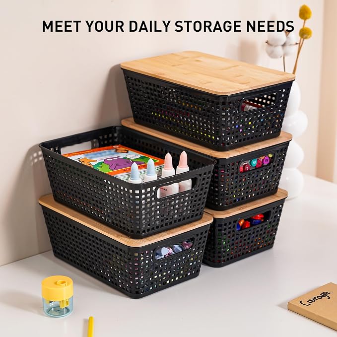 Storage Bins with Lids 6 Packs, Plastic Storage Bins with Bamboo Lids for Pantry Organization and Storage Containers for Shelves Drawers Desktop Closet Office Home, Black