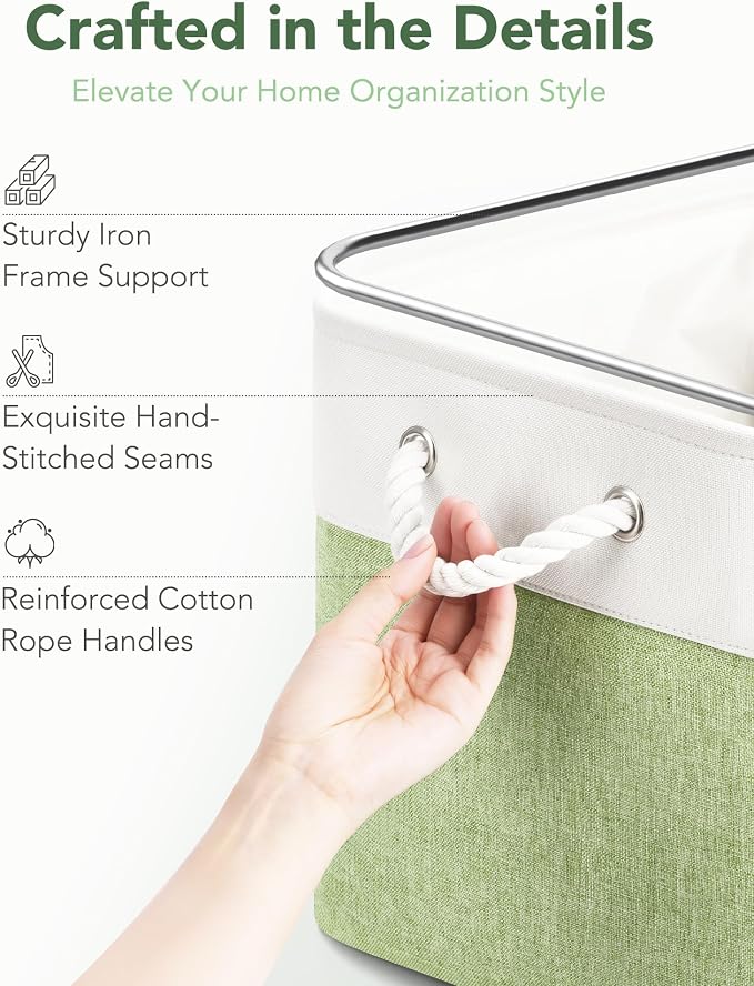 13x15x13 Inch Large Storage Bins with Cotton Rope Handles 6-Pack | Foldable, Top support of metal frame, Bottom with Cardboard Support, Fabric Cube Storage Bins for Closet, White Green