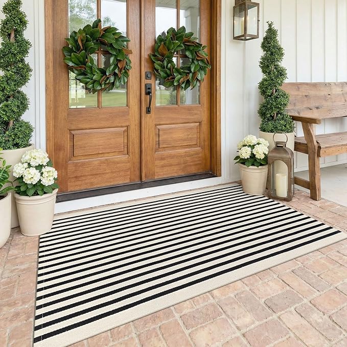 KOZYFLY 4x6 Beige and Black Striped Rug Front Door Rug Cotton Woven Washable Indoor Outdoor Rugs Entrance Layered Doormat for Front Porch Kitchen Patio Farmhouse Carpet
