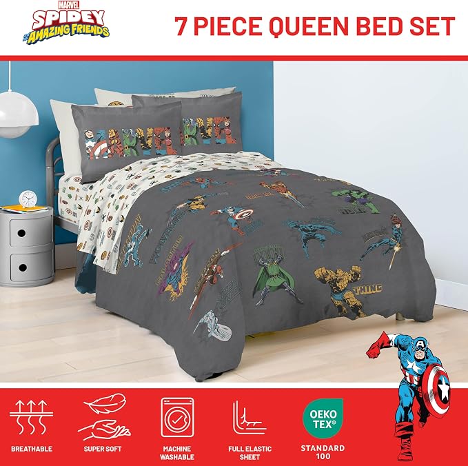 Marvel Comics Avengers Queen Comforter Set 7 Piece Soft Bedding, Gray | Hulk Captain America, Comforter Sheets Shams Pillowcases, Official Product, Microfiber, Machine Washable, Boys Gift