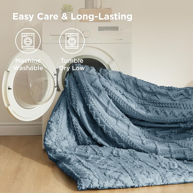 Bedsure Tufted Boho Comforter Set Oversized King - Dusty Blue Boho Bed Set, GentleSoft™ 3 Pieces Farmhouse-Style Embroidery Bedding, Gifts for Woman, Soft Jacquard Kids' Comforter for All Seasons