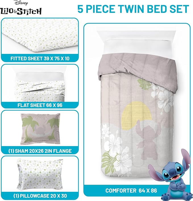 Disney Lilo and Stitch Twin Comforter Set 5 Piece Bedding for Girls, Beige | Bed in a Bag, Comforter Sheets Sham Pillowcase, Official Product, Soft Microfiber, Machine Washable, Easy Care, Girls Gift