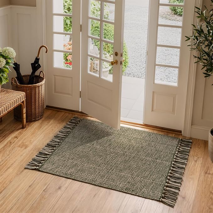 Collive 2' x 4.3' Indoor Outdoor Rug, Modern Farmhouse Moss Green Kitchen Runner Rugs Hand-Woven Bathroom Mat, Boho Washable Front Door Mats Reversible Entry Carpet for Laundry Bedroom Porch Decor