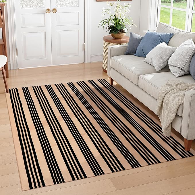 Black and Tan Indoor Outdoor Rug 5x7ft, Cotton Striped Layering Rug Woven Large Patios Rug Washable Modern Area Rug Carpet for Farmhouse Bedroom Living Room Balcony Patio Backyard Decor