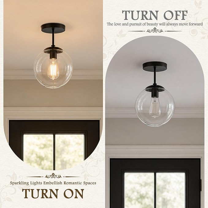 Globe Semi Flush Mount Ceiling Light Clear Glass Globe Ceiling Light Matte Black Finish Contemporary Mid Century Modern Style Lighting Fixture Hallway Living Room Kitchen Bedroom Storage (Bulb Incl.)
