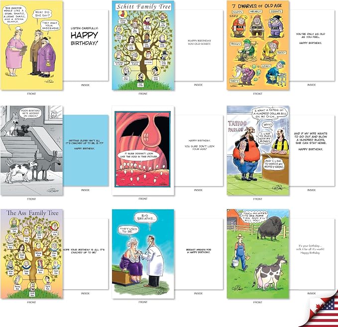 NobleWorks 36 Assorted Box Set Birthday Greeting Cards w/ 5 x 7 Inch Envelopes for Men and Women (36 Designs, 1 Each) Bday Collins' Guy Humor AC10615BDG-B1x36