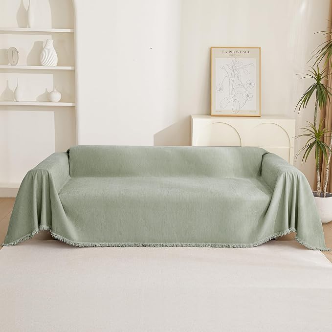 MYSKY HOME Easy Fitted Couch Cover for Dogs Stain Resistant Couch Cover Sage Sofa Covers for 2 Cushion Couch Multi-Use Sectional Couch Covers for Loveseat Universal Tassel Sofa Throw 91"X 118"