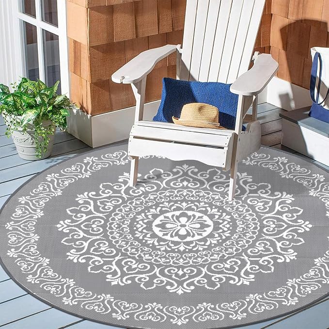 Pauwer Outdoor Rug 8ft, Waterproof Plastic Straw Camping Rug, Floral Grey | Reversible Patio Rug, UV Resistant Indoor Outdoor RV Mat Carpet For Deck, Camper, Porch, Balcony, Backyard, Picnic, Foldable