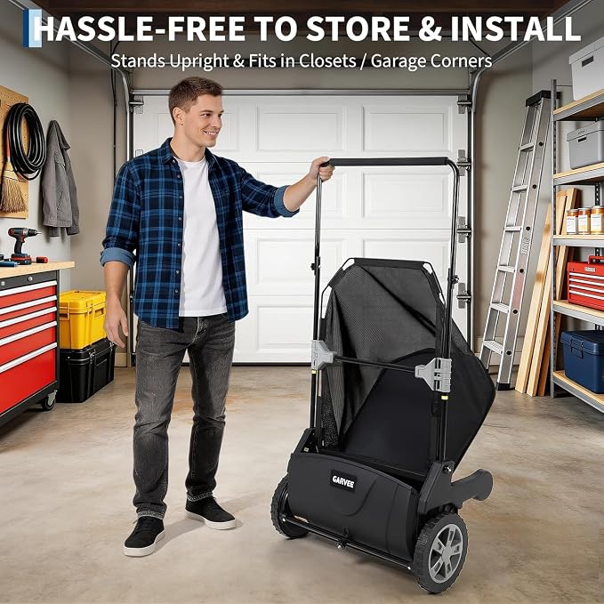 21-Inch Push Lawn Sweeper, Manual Leaf Sweeper with 3.5 Cu. ft. Mesh Collection Bag, Yard Sweeper with 2 Spinning Brushes & 10" Rubber Wheels, Walk-Behind Grass Collector for Lawns, Black