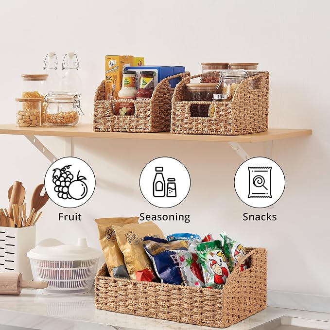 OIAHOMY Pantry Baskets for Organizing, Paper Rope Baskets with Built-in Handles, Wicker Storage Baskets for Shelves, 3 Pack-Yellow