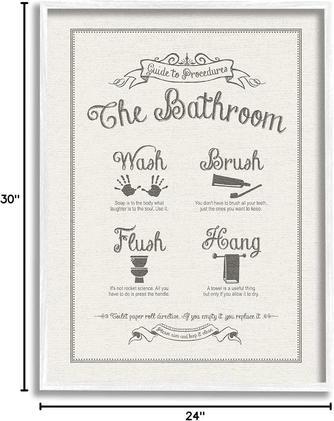 Stupell Industries 'Guide to Bathroom Procedures Linen Look', Framed Giclee Art, White, 24 x 30 Inches, Easy to Hang and Sturdy, Made in USA, by Lettered and Lined