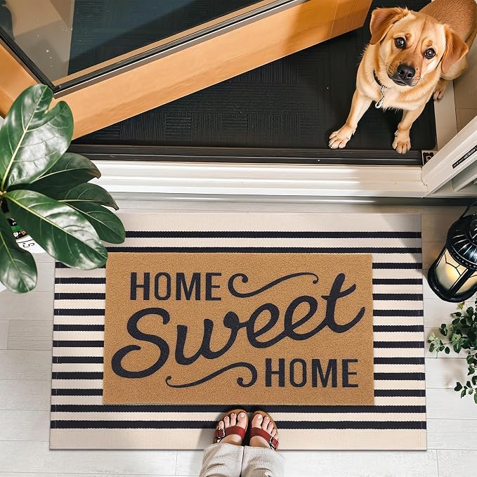 OLANLY Beige and Black Striped Rug 2'4" x 3'7" (27.5" x 43") – Washable Cotton Doormat for Indoor Outdoor Use, Layered Front Porch Rug for Entryway, Kitchen, Patio