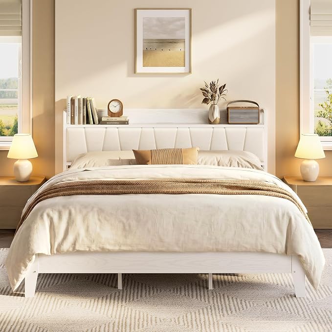 LIKIMIO California King Bed Frames, PU Leather Storage Headboard with Charging Station, Solid and Stable, Noise Free, No Box Spring Needed, Easy Assembly, White