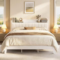 LIKIMIO California King Bed Frames, PU Leather Storage Headboard with Charging Station, Solid and Stable, Noise Free, No Box Spring Needed, Easy Assembly, White