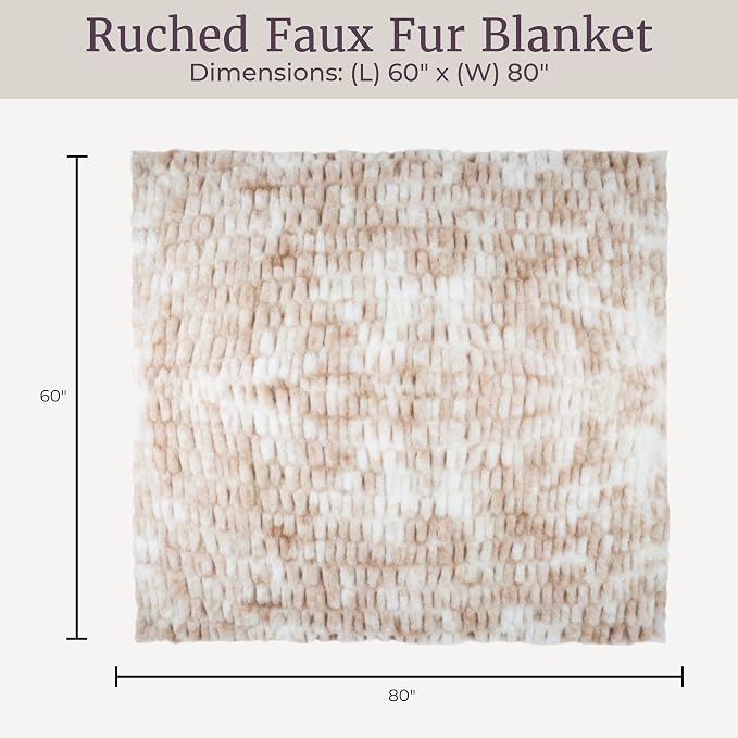Lavish Home Oversized Ruched Faux Fur Blanket, Cream, 60” x 80” | Machine Washable Jacquard Faux Fur Queen Size Throw for Sofas and Beds, Luxurious Bedding