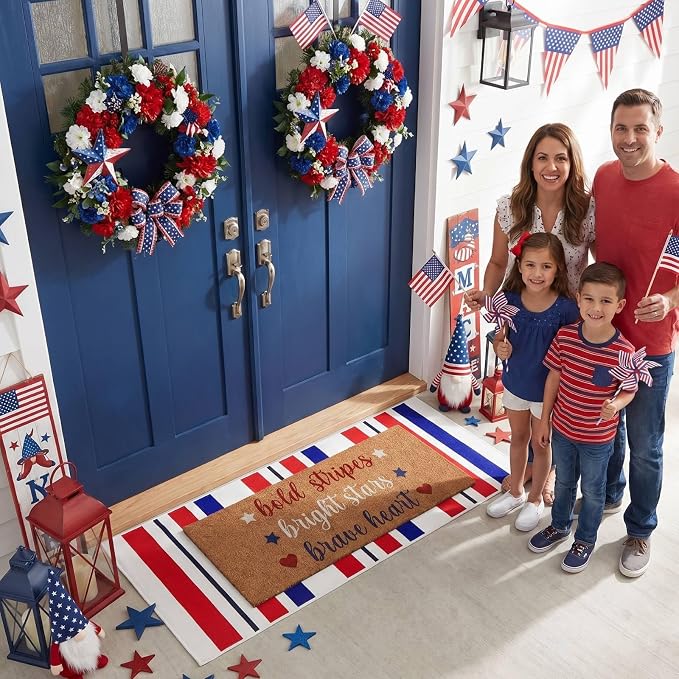 Moucuny 2 Pcs Patriotic Doormat Outdoor Decor 4th of July Coir Doormat Red Blue White Striped Welcome Rug Non-Slip Independence Day Memorial Day 250th Anniversary Mat Front Porch Entrance Decor